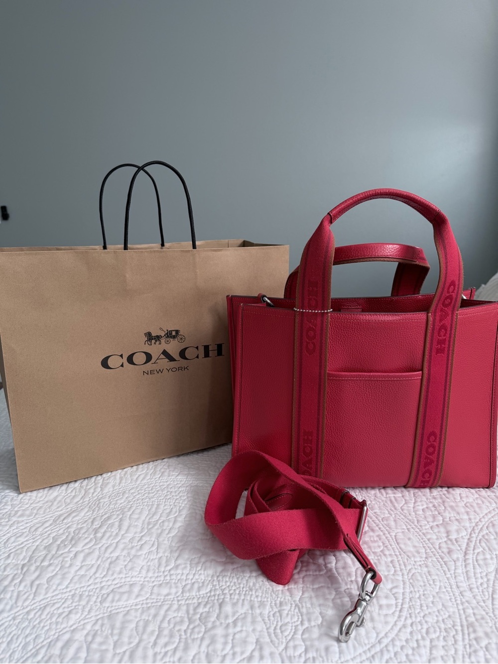 Coach Red Pebble Leather Tote with Branded Straps